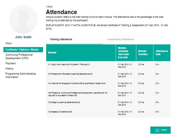 Updated as of 6 February 08 F. VIEW ATTENDANCE From the Programme page, you will be able to view your attendance of the programme that you are enrolled in.