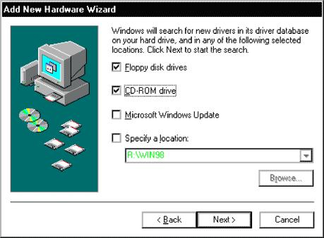 Specifying Search Location CD-ROM Installation The Add New Hardware Wizard asks where to search for the device driver. Ensure that the CD-ROM that came with the evaluation kit is in the CD-ROM drive.