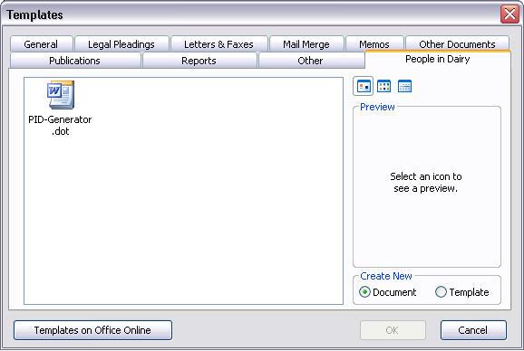 Creating The People in Dairy document (Word 2002-2003) Open Microsoft Word Select File (menu) New to display the New Document task pane (usually displayed on the