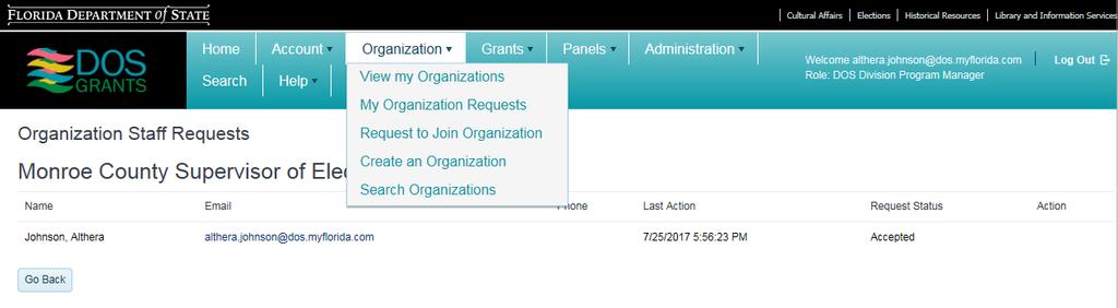 Invite New User: Step 1: As an organization manager, you can invite new users to the DOS Grants system. You may find this a convenient way of adding more staff members.