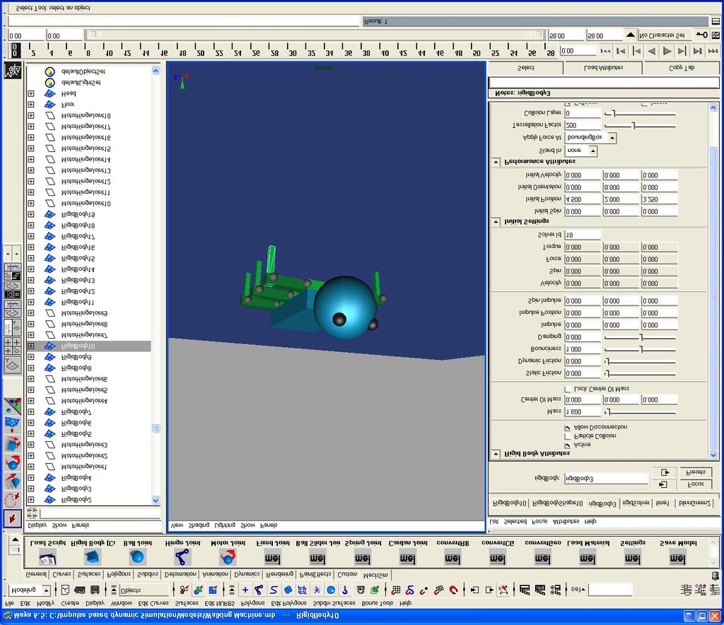 Figure 10: Design of a dynamic model using Autodesk Maya support the definition of all possible joint constraints easily. This extension was implemented using the scripting language MEL 2.
