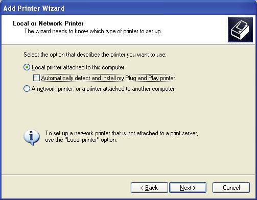 Step4. Select Local printer attached to this computer and make sure that Automatically detect and install my Plug and Play printer is not selected.