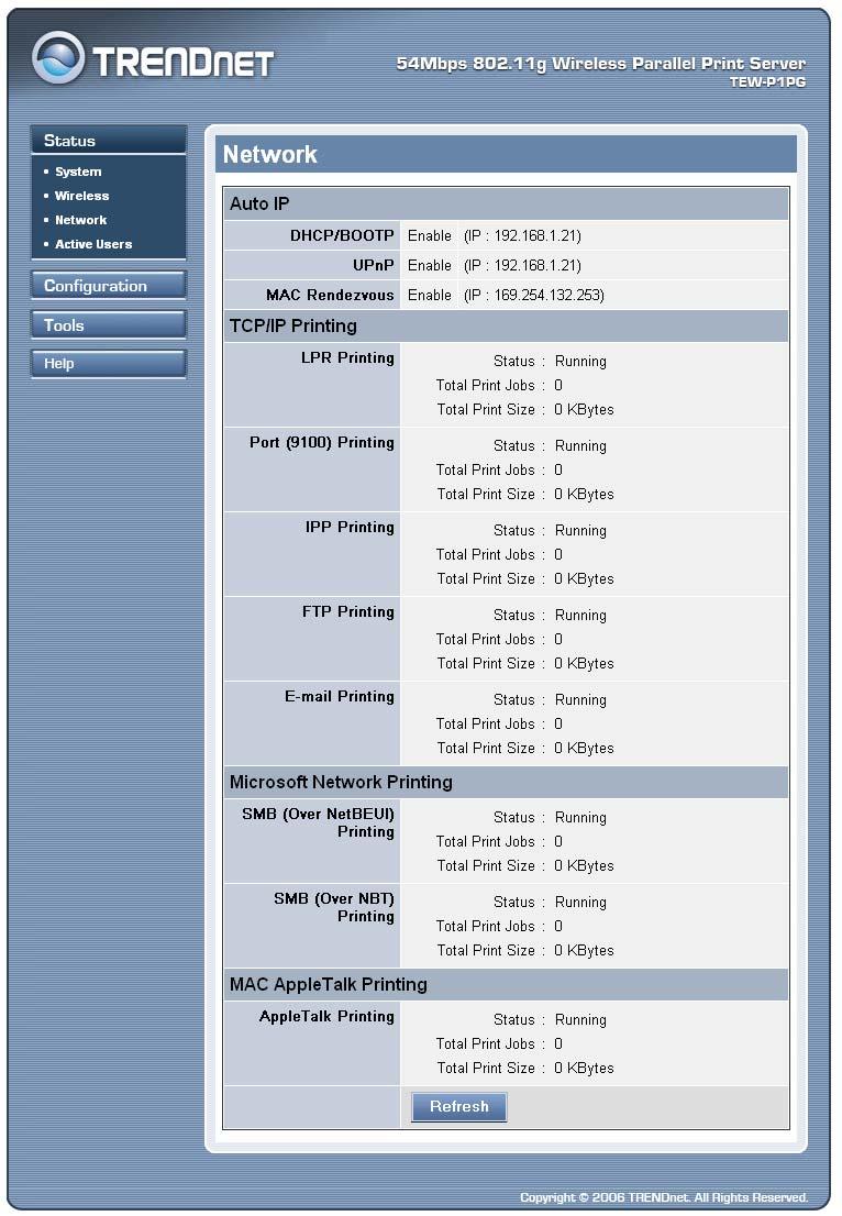 Status Network Click the Network item to display the information