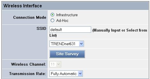 Ad-Hoc - Connect to compatibly configured wireless clients in the peer-to-peer mode. - SSID: Assign the SSID in this box. You can manually input the name or select one from the pull-down menu.