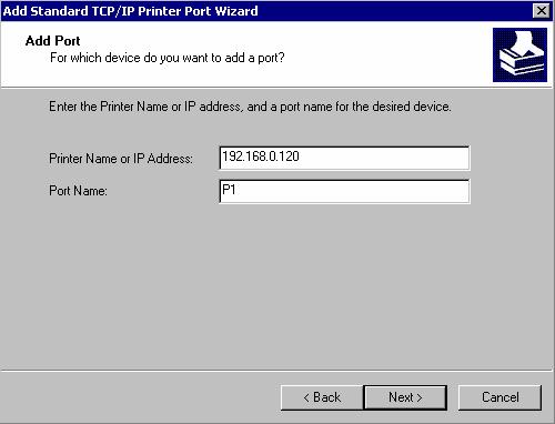 Input the IP Address of the Print Server, and the Port name of the Port that will be printed to, then click Next.
