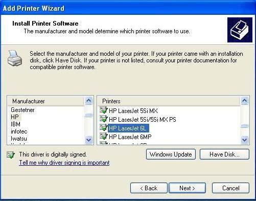 The Printer Install Wizard will now prompt for