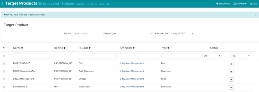 All Products uploaded in the Target Product input file that have been located on the Silverfinch platform are displayed in the Report Configuration view.
