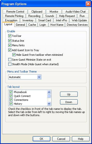 Remote Printing Tab Recordings Tab Sounds Tab Help Request Tab Run Tab Encryption Tab Inventory Tab Smart Card Tab Intel vpro Tab Web Update Tab