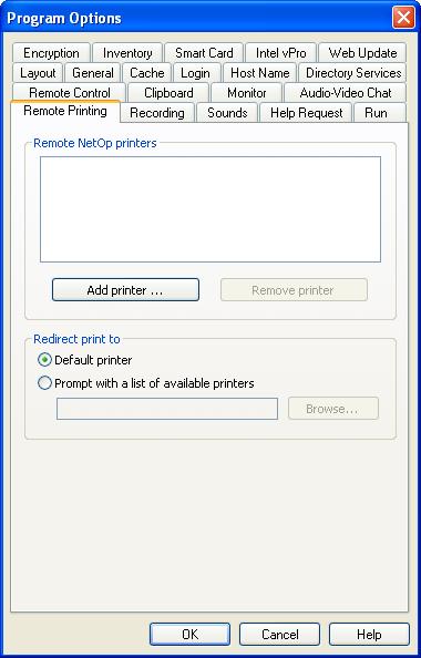 3.5.1.11 Remote Printing Tab This is the Guest Program Options window Remote Printing tab: It specifies remote Netop printers and incoming print job redirection.