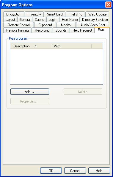3.5.1.15 Run Tab This is the Guest Program Options window Run tab: It specifies programs to include them in the Run Program drop-down menu.