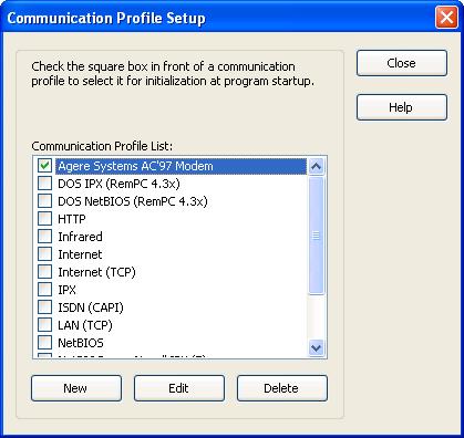 3.5.5 Communication Profiles Select the Tools Menu Communication Profiles command to show this window: From this window, you can enable/disable, create, edit and delete communication profiles.