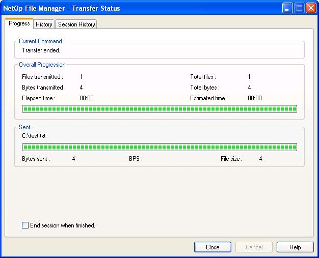 This is the File Transfer Transfer Status window Progress tab: It contains these sections: Current Command Will during file transfer show the command being executed.