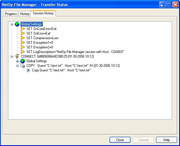 This is the File Transfer Transfer Status window Session History tab: Its pane will show the events