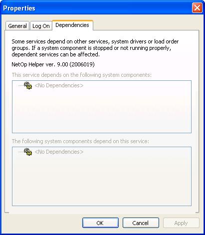 This is the Service Properties window Dependencies tab: It shows in the upper pane Host computer system components on which the selected record service depends and in the lower pane Host computer