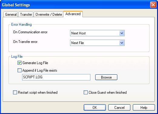 3.7.3.1.4 Advanced Tab This is the Guest Netop Script Global Settings window Advanced tab: It specifies global error handling and log file settings.