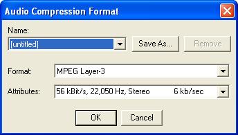 It specifies an audio compression format in these elements: Name [] [Save As...] [Remove]: Specifies, saves and removes an audio compression format name.