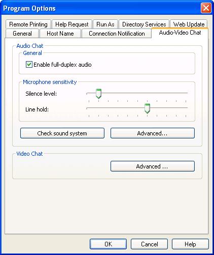 Netop Host 4.3.1.4 Audio-Video Chat Tab This is the Host Program Options window Audio-Video Chat tab: It specifies audio and video settings.