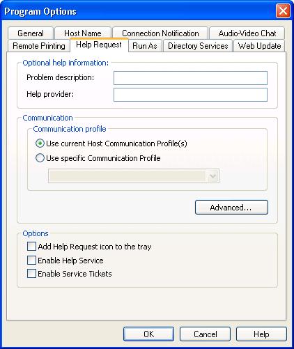 Netop Host 4.3.1.6 Help Request Tab This is the Host Program Options window Help Request tab: It specifies general help request options.
