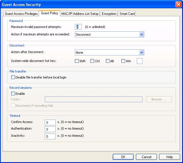 Netop Host 4.3.2.2 Guest Policy Tab This is the Guest Access Security window Guest Policy tab: It specifies Guest Access Security policies.