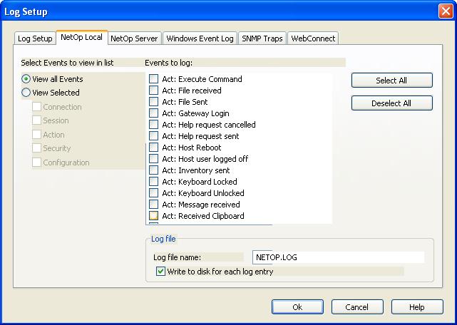 Common Tools 5.3.1.2 Netop Local Tab This is the Log Setup window Netop Local tab: It selects which Netop events shall be logged and specifies the local Netop log file.