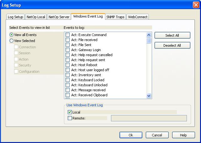 Common Tools 5.3.1.4 Windows Event Log Tab This is the Log Setup window Windows Event Log tab: It selects which Netop events shall be logged and specifies Windows event logs.