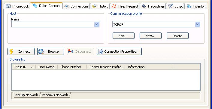 3.4.4 Tab Panel This is the Window tab panel: It can contain up to all of these tabs (default: all): Phonebook Tab Quick Connect Tab Connections Tab History Tab Help