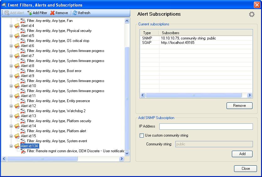 Alert id node If you select an Alert ID node, the dialog panel displays a list of subscriptions for the alert.