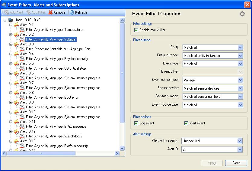 Filter node If you select a filter node, the dialog panel displays editable properties for the selected filter: Property section Description Filter settings In the Filter settings section you can