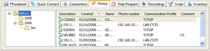 3.4.4.4 History Tab This Tab Panel tab will be shown unless hidden from the Program Options window Layout Tab: It stores records of historical Host connections.