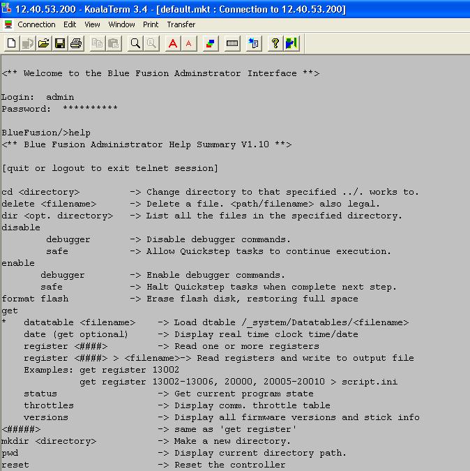 Figure 2.3: Telnet graphical screen displaying help commands for 5100 controller, cont d As can be seen from above there is an extensive assortment of commands.