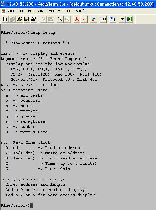 Figure 2.4: Telnet graphical screen displaying low level debug commands 3.0 Flash Disk A flash disk, with an approximate size of 900K bytes, is available for general use.