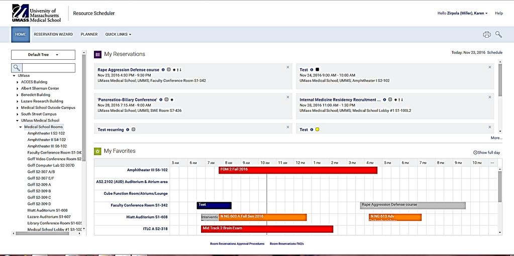 Resource Scheduler Home Page Resource Scheduler Home Page is divided into three sections: 1. On the left side under UMass Medical School is the list of Resources/Rooms. 2.