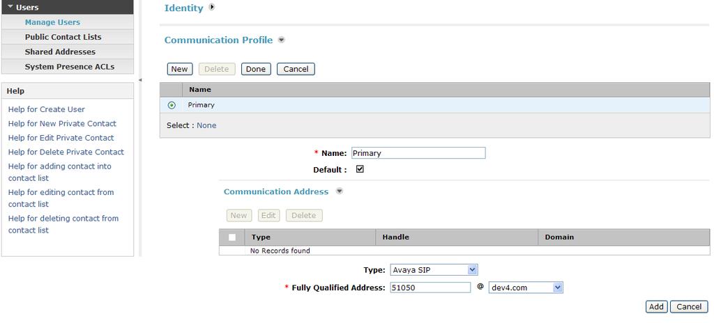 Scroll down to the Communication Profile section and select New to define a Communication Profile for the new SIP user.