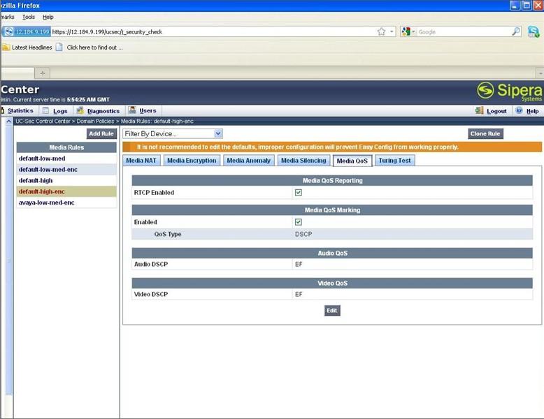 For compliance testing, media QoS was enabled. To enable media QoS, navigate to UC-Sec Control Center Domain Policies Media Rules default-high-enc. Select Media QoS from the right panel.