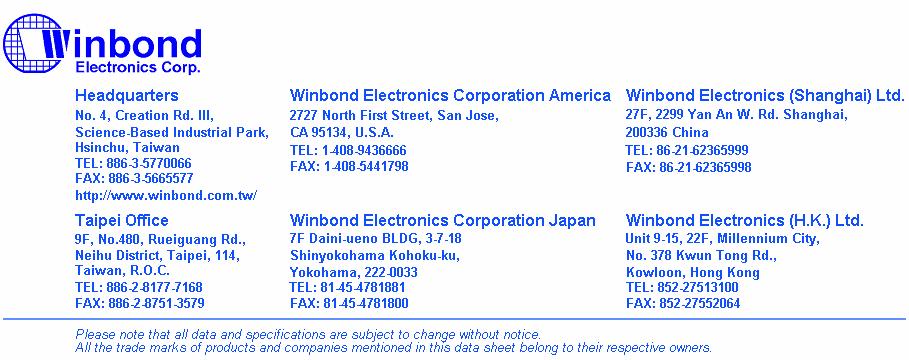 22. REVISION HISTORY VERSION DATE PAGE DESCRIPTION A1 December 12, 2005 - Initial Issued Important Notice Winbond products are not designed, intended, authorized or warranted for use as components in
