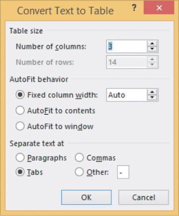 Converting Text to a Table and a Table to Text Word can quickly convert text separated by paragraph