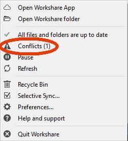 When you save the open file, a conflict is shown. Two users are working offline and make changes to a file they share.