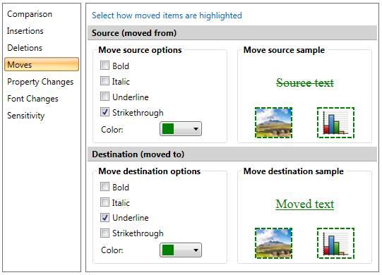 Configuring Comparison Themes Moves The Moves category includes parameters that enable you to specify how moved text as well as moved images and objects will be displayed.