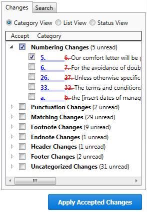 Comparing Documents Change Summary window The Change Summary window provides a list of changes found between the source documents.
