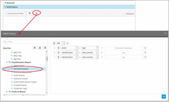 Manually define filter statements for the group Selecting an Event Query and import filter statements: Click the button after entering a name for the rule definition.