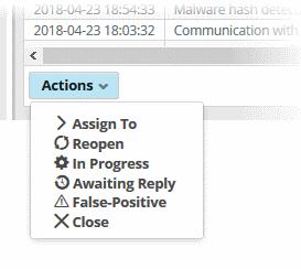 right. The 'Actions' drop down lists the various activities you can perform on the incident.