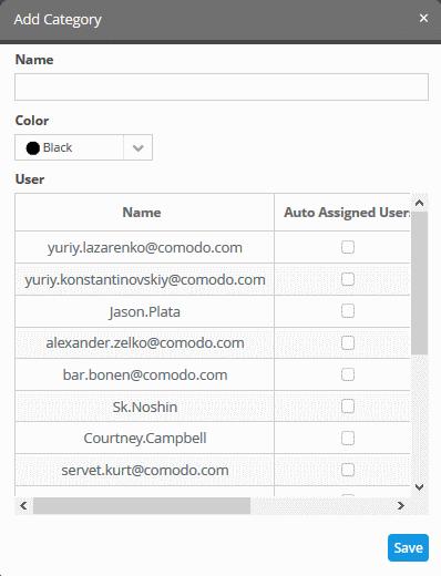 Enter a name to identify the detected incident type Select a color code from the 'Color' drop down, to indicate the category Select the user to