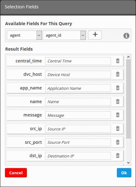 10.3 Settings Admins can view list of fields and corresponding values for viewing results table in the 'Event Query' interface. You can add more such fields by editing the fields.