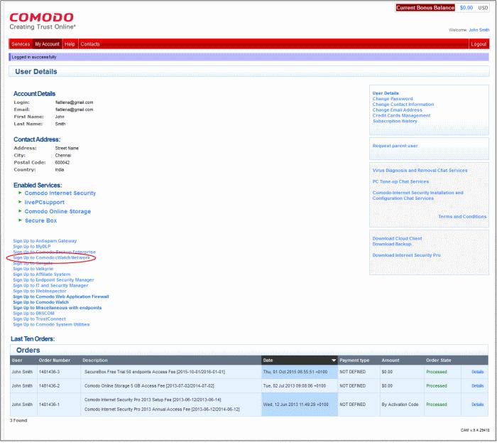 Click the 'Sign Up to Comodo cwatch Network' link on the left Choose your product