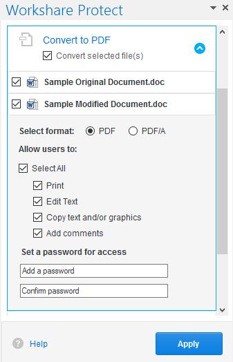 Protecting Attachments To select specific attachments to convert and to specify PDF conversion settings for the attachments, you can select the Convert selected file(s) checkbox and expand the