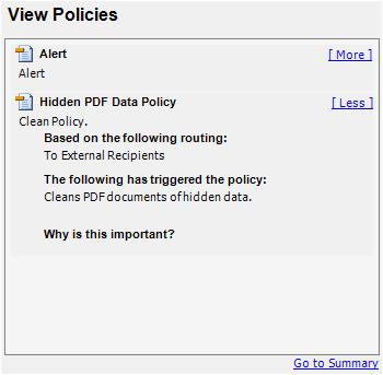 Protecting Attachments Policies tab The View Policies area on the right side of the Policies tab provides detailed information about the policies breached by the email and it attachments.