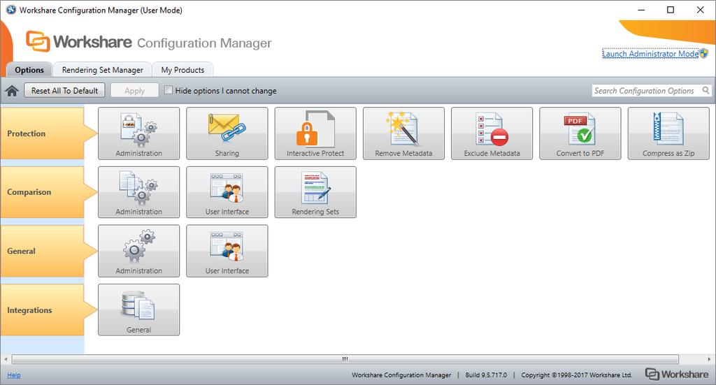 Configuring Workshare To access the Workshare Configuration Manager: In an open document, click Options in the Workshare tab or from the Start menu, select Workshare Configuration (User Mode).