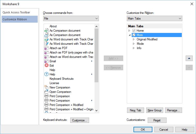 Comparing Documents Customize the Workshare ribbon To change the commands that appear in the Workshare Compare ribbons and quick access toolbar, right-click in the ribbon and select Customize the