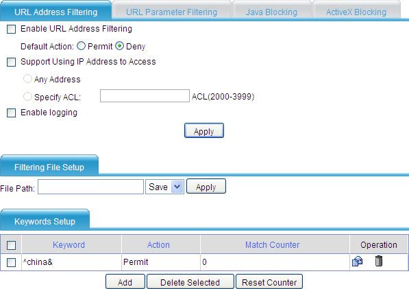 Configuring URL address filtering Select Application Control > Web Filtering from the navigation tree. The URL Address Filtering page appears, as shown in Figure 32.