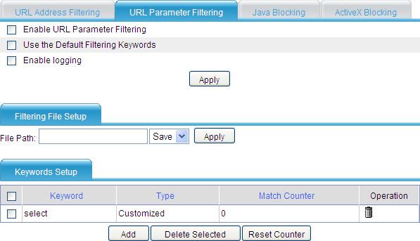 Displaying URL address filtering information Select Application Control > Web Filtering from the navigation tree. The URL Address Filtering page appears, as shown in Figure 32.